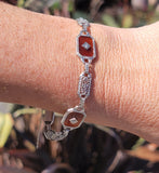 14k white gold c.1920's Art Deco filigree carnelian & diamond bracelet