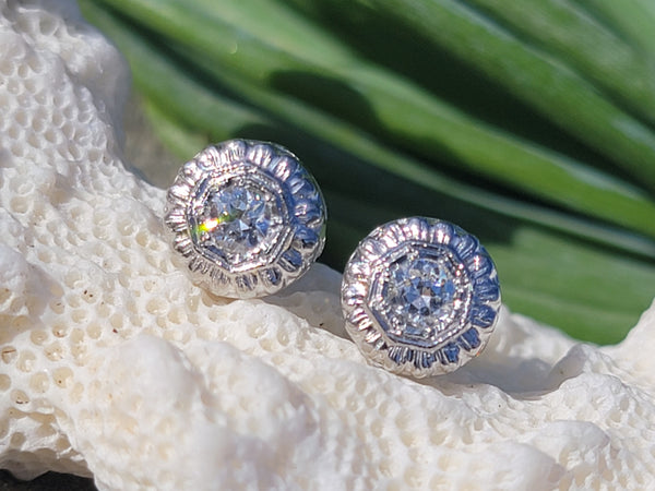 14k gold European cut diamond Deco studs - apx  .36ct tw