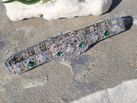 14k white gold c.1920's Deco filigree diamond & emerald bracelet