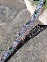 14k white gold c.1920's Deco filigree diamond & emerald bracelet