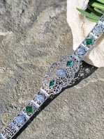 14k white gold c.1920's Deco filigree diamond & emerald bracelet