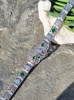14k white gold c.1920's Deco filigree diamond & emerald bracelet