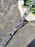 14k white gold c.1920's Deco filigree diamond & emerald bracelet