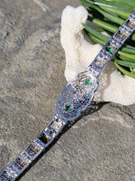 14k white gold c.1920's Deco filigree diamond & emerald bracelet
