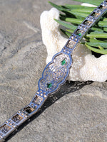 14k white gold c.1920's Deco filigree diamond & emerald bracelet