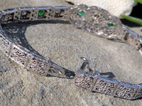 14k white gold c.1920's Deco filigree diamond & emerald bracelet