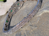 14k white gold c.1920's Deco filigree diamond & emerald bracelet