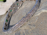 14k white gold c.1920's Deco filigree diamond & emerald bracelet