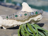 14k white gold c.1920's Deco filigree diamond & emerald bracelet