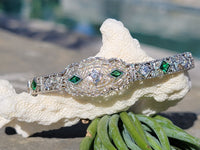 14k white gold c.1920's Deco filigree diamond & emerald bracelet