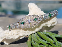 14k white gold c.1920's Deco filigree diamond & emerald bracelet