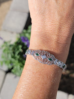 14k white gold c.1920's Deco filigree diamond & emerald bracelet