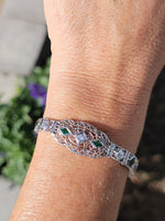 14k white gold c.1920's Deco filigree diamond & emerald bracelet