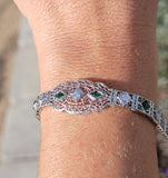 14k white gold c.1920's Deco filigree diamond & emerald bracelet