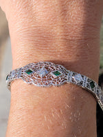 14k white gold c.1920's Deco filigree diamond & emerald bracelet