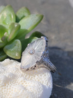 14k white gold c.1920's filigree Deco diamond & quartz ring