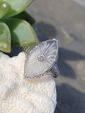 14k white gold c.1920's filigree Deco diamond & quartz ring