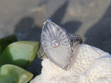 14k white gold c.1920's filigree Deco diamond & quartz ring