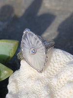 14k white gold c.1920's filigree Deco diamond & quartz ring