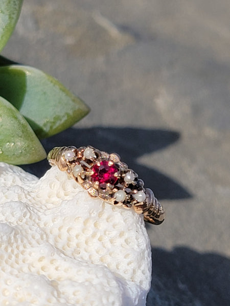 10k gold Victorian ruby & pearl antique ring