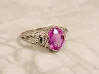 Platinum pink sapphire & diamond Edwardian filigree ring