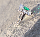 Platinum Emerald & Diamond estate Art Deco vintage antique square ring