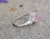 Platinum pink sapphire & diamond Edwardian filigree ring