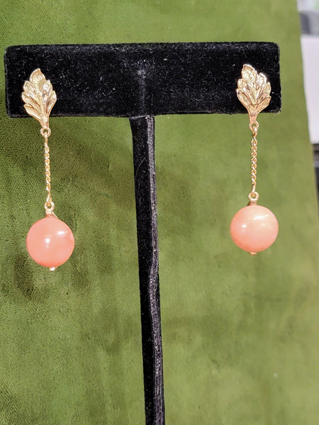 14k gold coral dangle estate earrings
