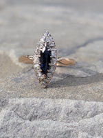 Victorian 14k gold estate sapphire & diamond navette ring