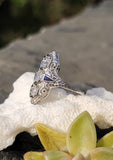 18k white gold diamond & sapphire estate Art Deco c.1920's filigree glove shield ring