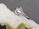 14k white gold c.1920's filigree Aquamarine ring - hexagon cut