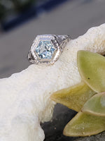 14k white gold c.1920's filigree Aquamarine ring - hexagon cut