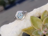 14k white gold c.1920's filigree Aquamarine ring - hexagon cut