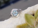 14k white gold c.1920's filigree Aquamarine ring - hexagon cut