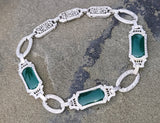 14k white gold c.1920's Art Deco filigree green onyx bracelet