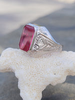 10k white gold Deco created red ruby estate men's ring