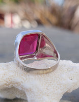 10k white gold Deco created red ruby estate men's ring