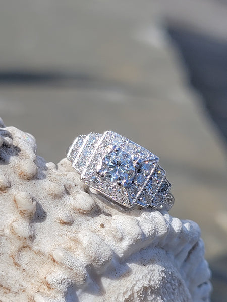 Platinum Art Deco diamond engagement wedding ring -