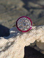 platinum & 18K gold two tone mine cut diamond & ruby c.1910 antique ring