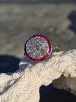 platinum & 18K gold two tone mine cut diamond & ruby c.1910 antique ring