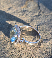 14k white gold aquamarine & diamond estate halo ring