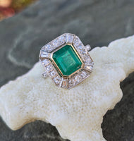 Platinum & 18k gold to tone Emerald & Diamond estate Deco ring