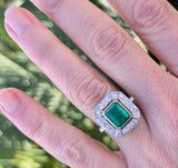 Platinum & 18k gold to tone Emerald & Diamond estate Deco ring