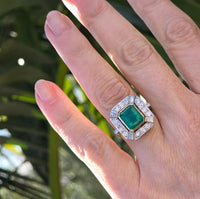 Platinum & 18k gold to tone Emerald & Diamond estate Deco ring