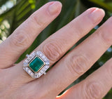 Platinum & 18k gold to tone Emerald & Diamond estate Deco ring