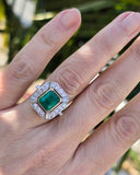 Platinum & 18k gold to tone Emerald & Diamond estate Deco ring