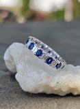platinum 4mm emerald cut diamond & sapphire stackable eternity wedding band - size 6