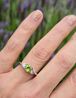 14k gold two tone peridot & diamond 3-stone ring