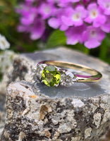 14k gold two tone peridot & diamond 3-stone ring