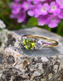 14k gold two tone peridot & diamond 3-stone ring